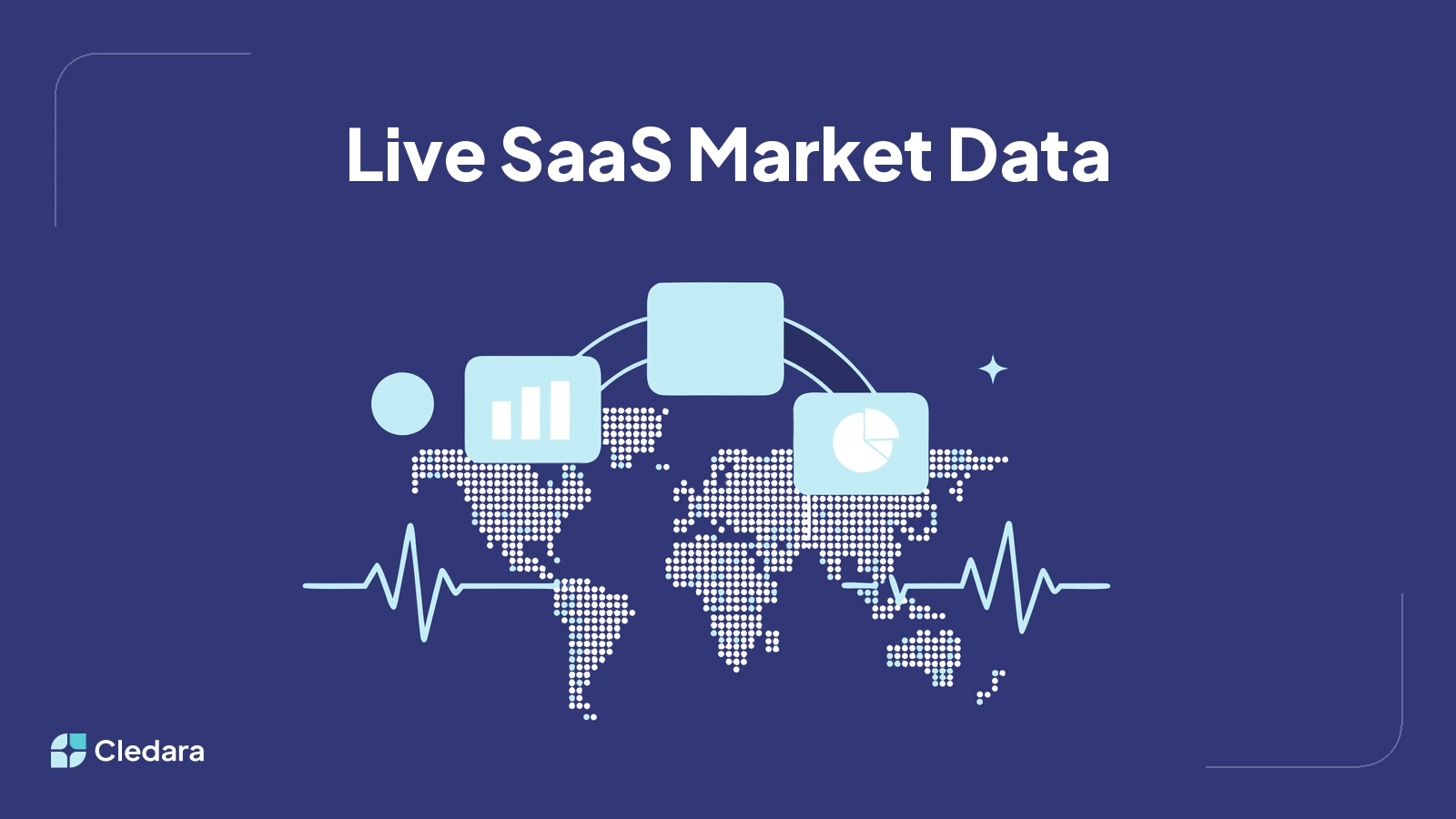 Live SaaS and AI market share - world map with dashboard tiles connected by arcs
